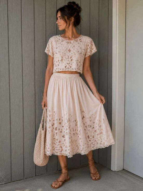 Vintage Other - VTG Surya 2pc Lace Set M Boho Bridal Crop Top & Midi Skirt Embroidered